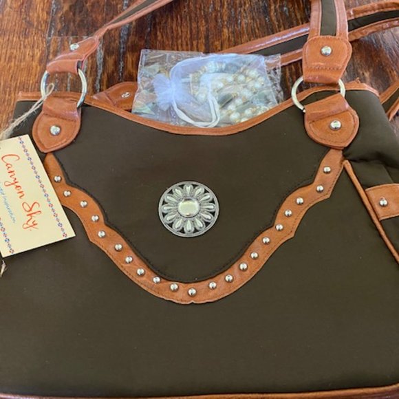 NWT * Canyon Sky SOUTHWEST Brown SHOULDER BAG Concho + Tigers Eye PEARL Necklace - Picture 2 of 10